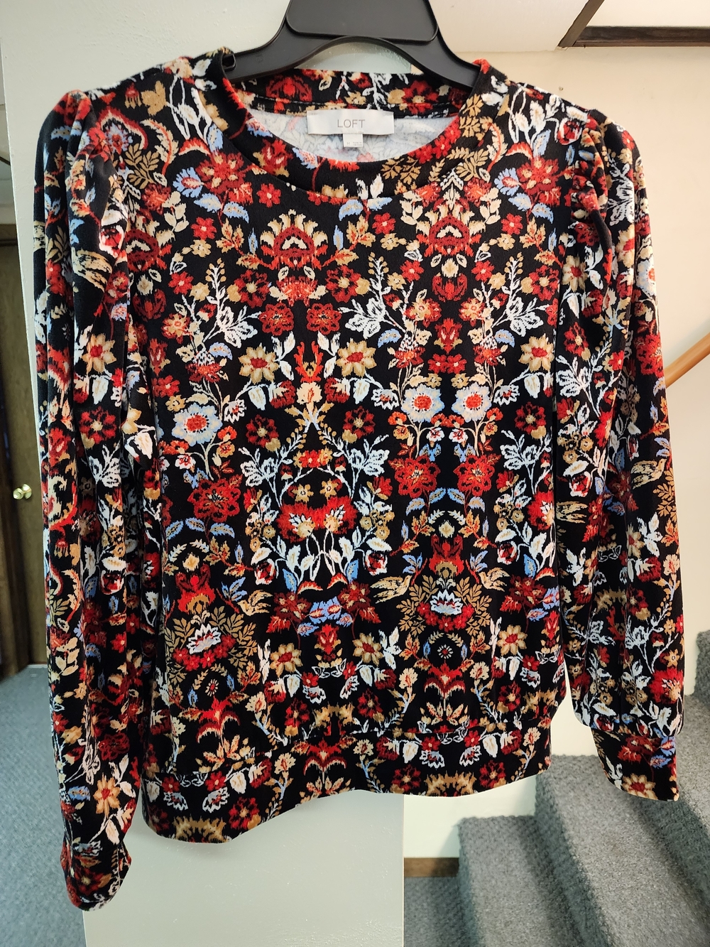 LOFT Black Floral Velvet Crewneck Top with Red and Cream Accents